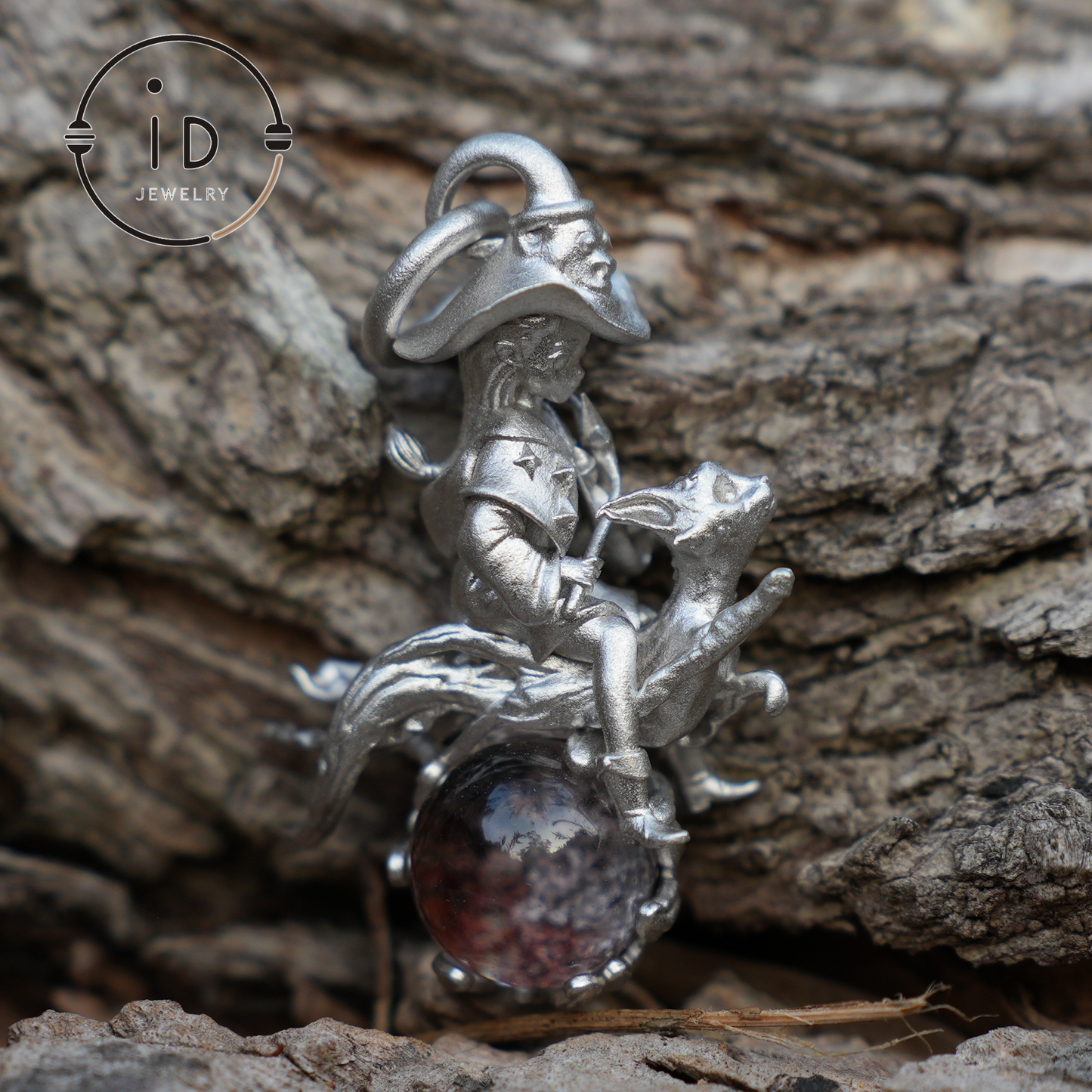 925 Silver Witch Riding Cat Pendant with phantom quartz – Unique Fantasy Jewelry for Collectors & Fans